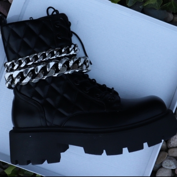 Nasty Gal Black Faux Leather Chunky Gothic Chain Lace-Up Boots - Picture 7 of 9